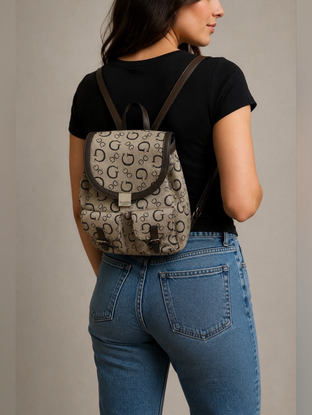 GUESS G Monogram Mini Backpack Beige Brown Logo Print Adjustable Straps